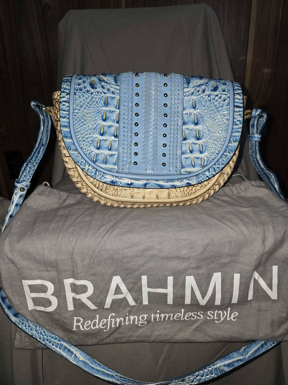 Brahmin Sky Blue & Cream Crossbody Saddle Bag